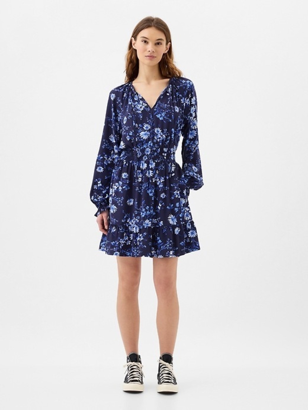 GAP blue floral Relaxed Smocked Splitneck Mini Dress size medium long sleeved